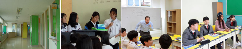 교실 모습(왼쪽위), 조별로 모여 공부를 하고 있다.(오른쪽위), 수업모습(왼쪽 아래), 수업모습(오른쪽 아래)