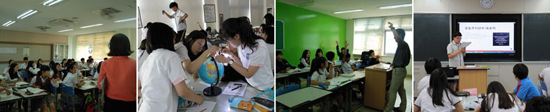 교실에서 원어민 선생님과 학생이 수업을 하고 있다.